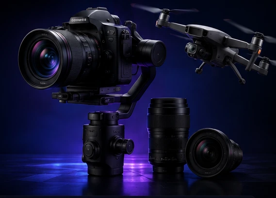 Profesyonel kamera, gimbal, lens ve drone çekim ekipmanları