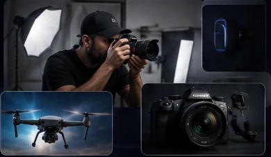 Profesyonel fotoğrafçı, kamera ve drone çekim ekipmanları