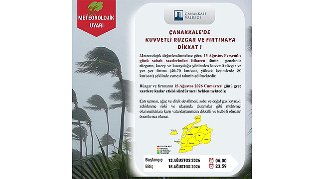 Çanakkale Haber: 13 Ağustos’tan İtibaren Kuvvetli Rüzgâr ve Fırtına Bekleniyor içerik görseli